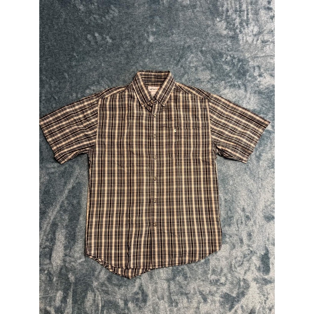 Carhartt Shirt Men Large Plaid Black Tan Short Sleeve Button Down Cotton Work